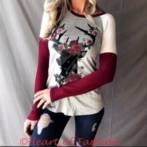 Holiday Christmas Deer Graphic Color Block Festive Raglan Top Tee Shirt